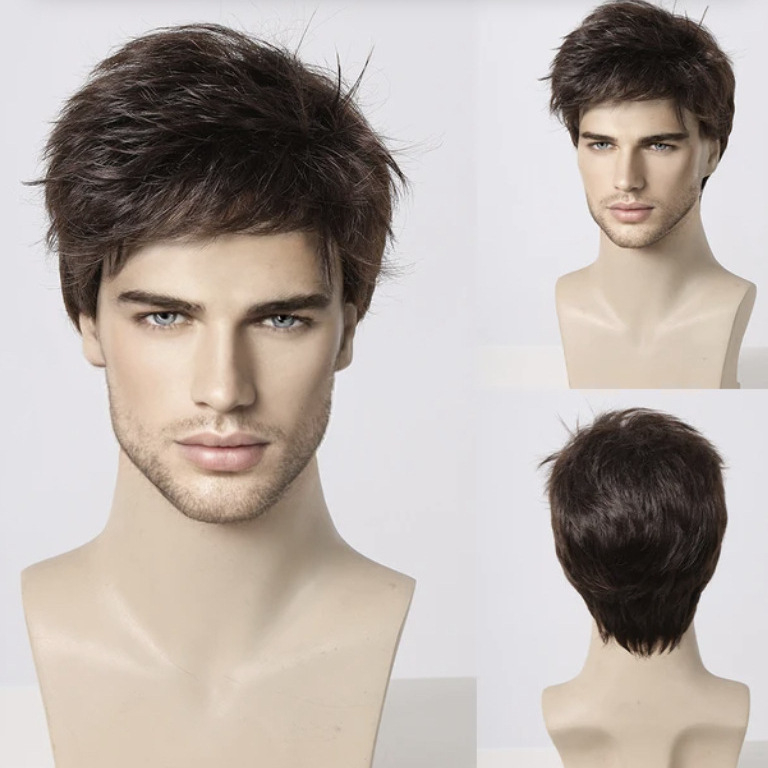 Vīriešu parūka, modelis L186, augstas temperatūras matu šķiedras, īsa garuma, mehāniska apstrāde, frizūras maiņa.