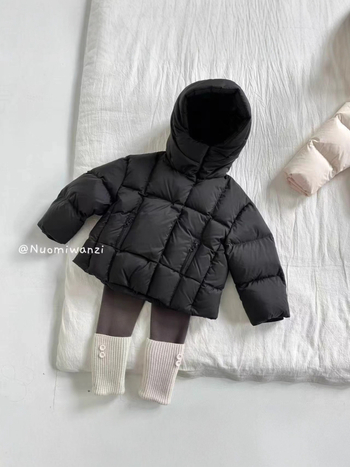 Gyerekeknek szóló kapucnis pehelykabát, koreai stílus, téli 2025, 90% kacsa pehely, cipzár