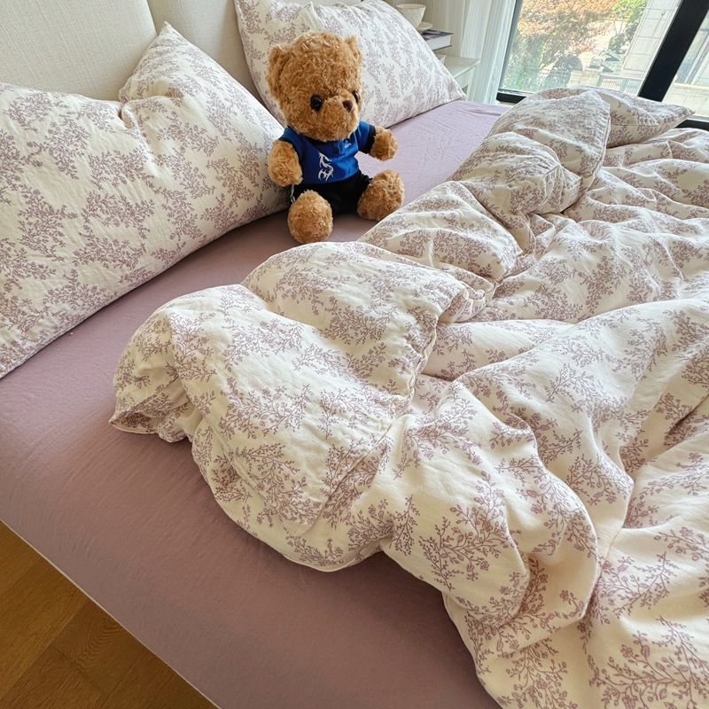 Bavlnený štvordielny súbor posteľnej bielizne s rastlinným vzorom, reaktívna tlač a farbenie, hmotnosť 2000–2500 g