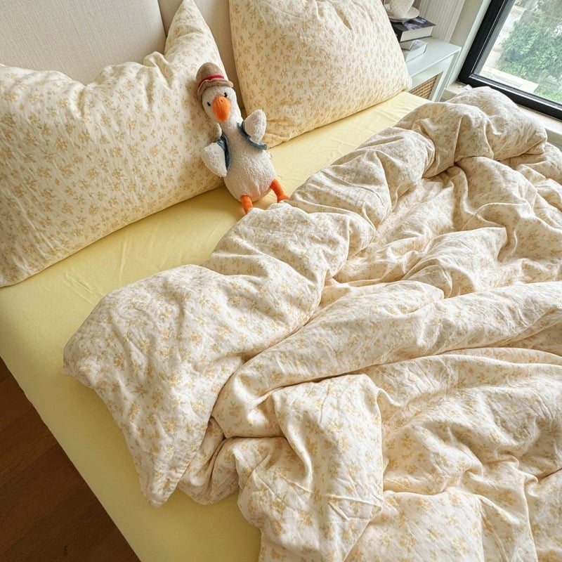 Bavlnený štvordielny súbor posteľnej bielizne s rastlinným vzorom, reaktívna tlač a farbenie, hmotnosť 2000–2500 g