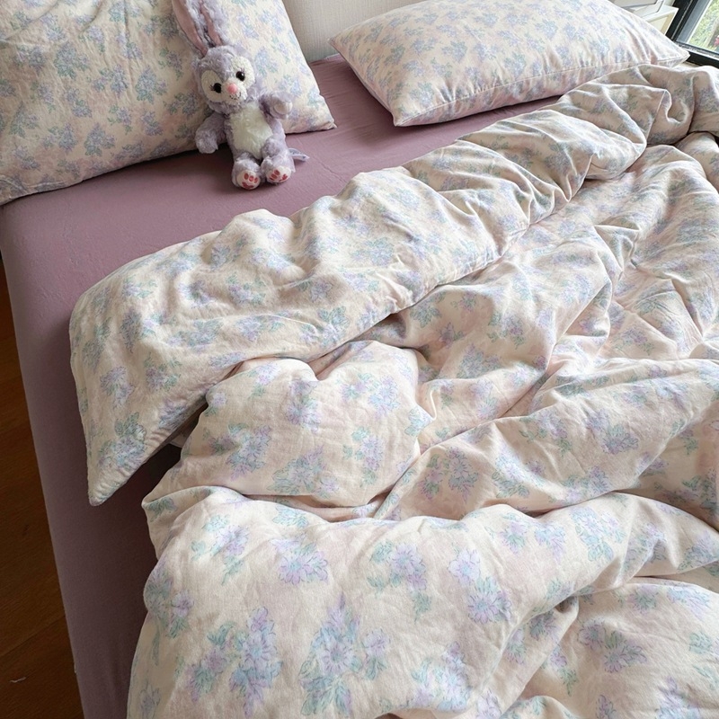 Bavlnený štvordielny súbor posteľnej bielizne s rastlinným vzorom, reaktívna tlač a farbenie, hmotnosť 2000–2500 g