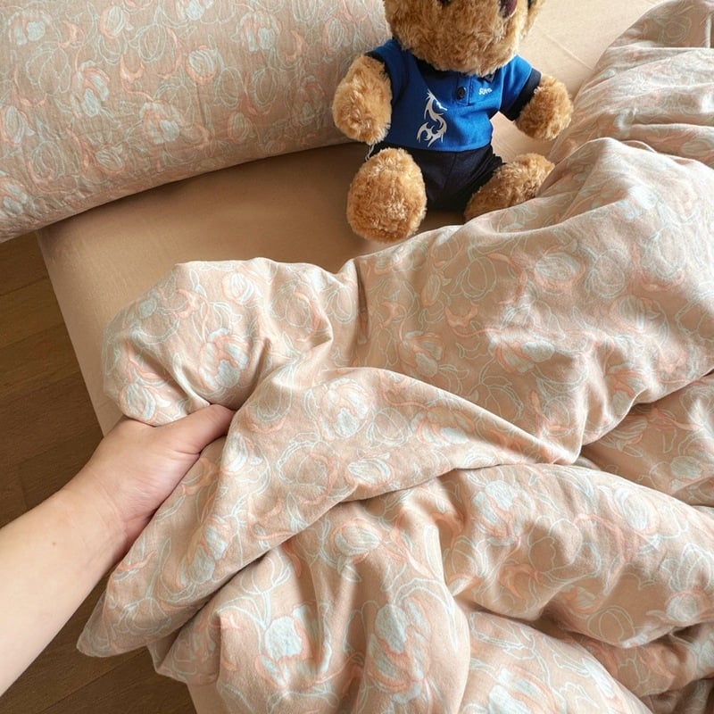 Bavlnený štvordielny súbor posteľnej bielizne s rastlinným vzorom, reaktívna tlač a farbenie, hmotnosť 2000–2500 g