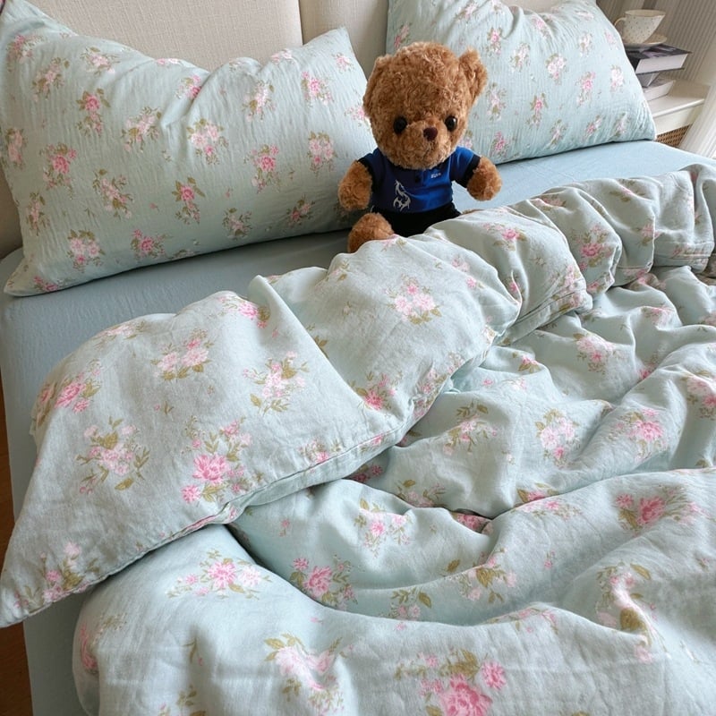 Bavlnený štvordielny súbor posteľnej bielizne s rastlinným vzorom, reaktívna tlač a farbenie, hmotnosť 2000–2500 g