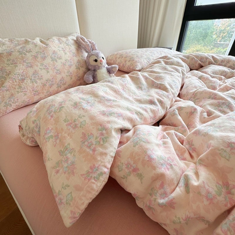 Bavlnený štvordielny súbor posteľnej bielizne s rastlinným vzorom, reaktívna tlač a farbenie, hmotnosť 2000–2500 g