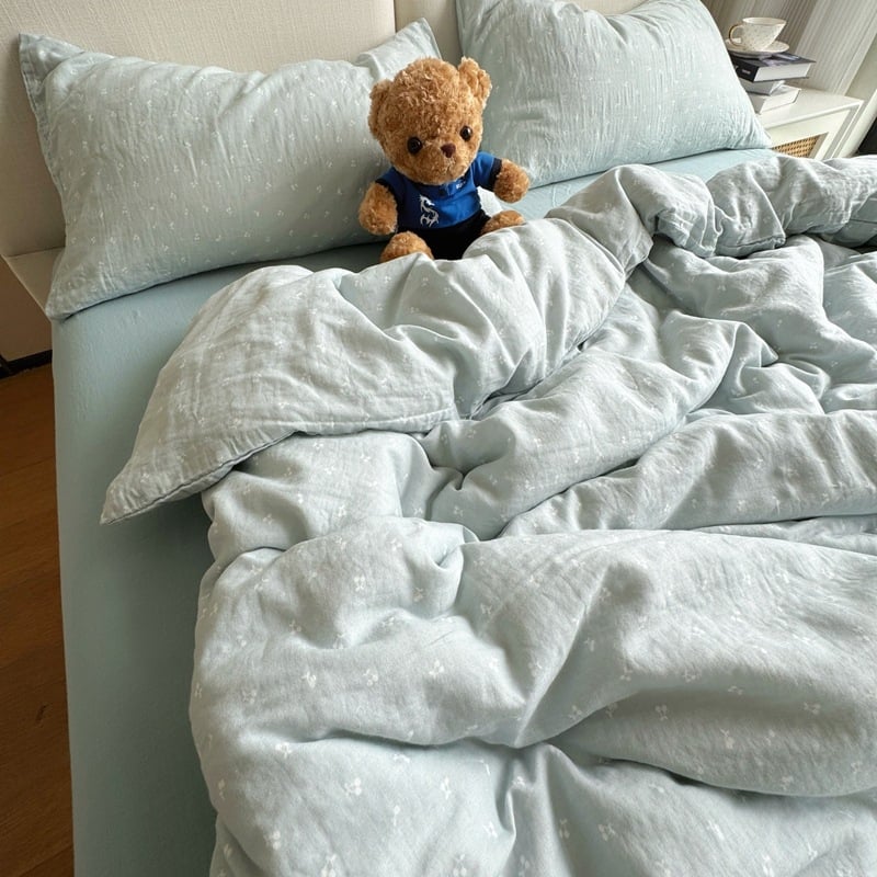 Bavlnený štvordielny súbor posteľnej bielizne s rastlinným vzorom, reaktívna tlač a farbenie, hmotnosť 2000–2500 g