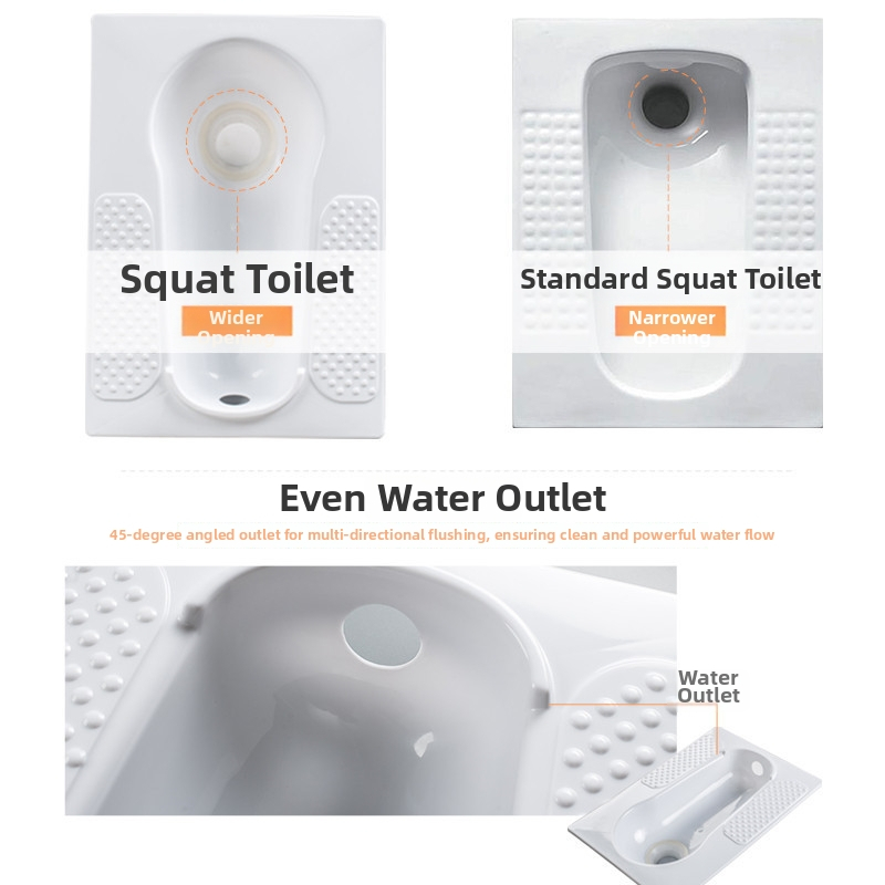 Plastmasas čučēšanas tualete, bez ūdens tanka, bez ūdens aiztures, minimālais bedrējas attālums 60 cm, izplūdes caurules diametrs 100 cm