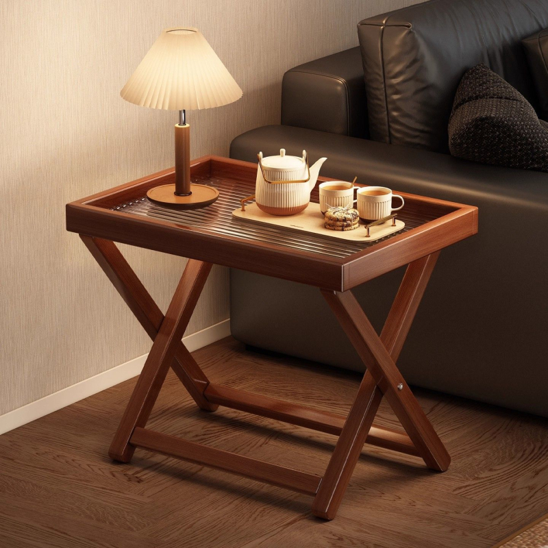 Сгъваема странична масичка от бамбук с акрилен плот – модерен минималистичен стил, рамка от бамбук, MDF панел, подходяща за лаптоп