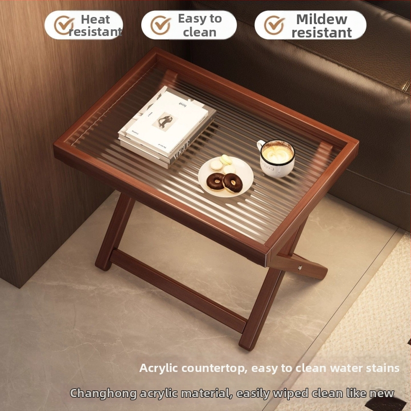 Salokāms bambusa sānu galdiņš ar akrila virsu – mūsdienīgs minimālisma stils, bambusa rāmis, MDF panelis, saderīgs ar portatīvo datoru