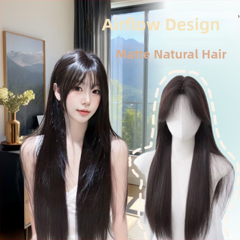 Pilna galvos padengimo peruka, aukštos temperatūros pluoštai, ilgi tiesūs plaukai su šonine kirpte, natūralus pūkuotas išvaizda kasdieniam nešiojimui