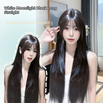 Pilna galvos padengimo peruka, aukštos temperatūros pluoštai, ilgi tiesūs plaukai su šonine kirpte, natūralus pūkuotas išvaizda kasdieniam nešiojimui