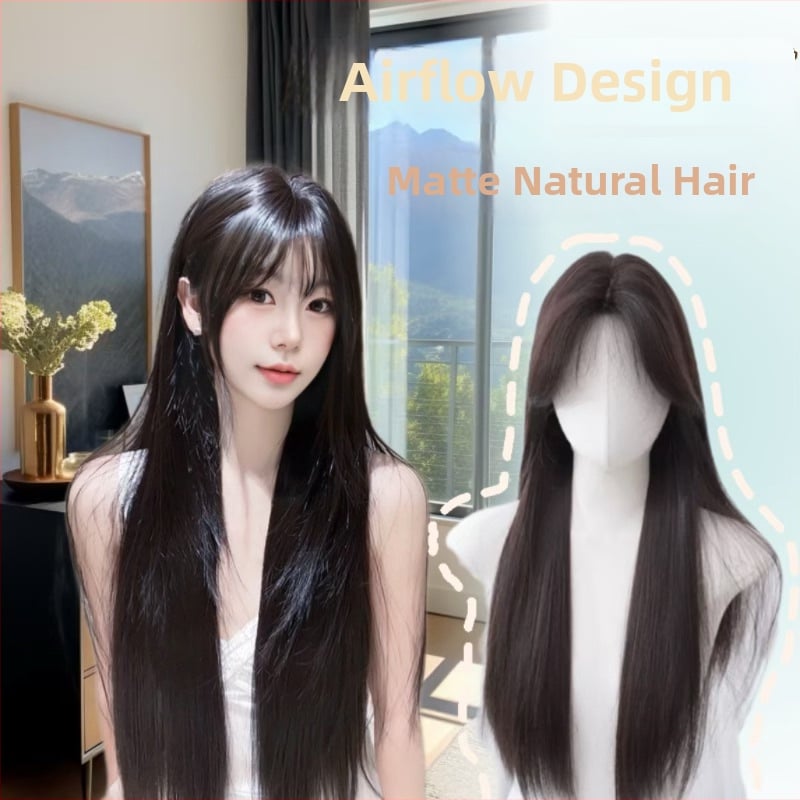 Pilna galvos padengimo peruka, aukštos temperatūros pluoštai, ilgi tiesūs plaukai su šonine kirpte, natūralus pūkuotas išvaizda kasdieniam nešiojimui