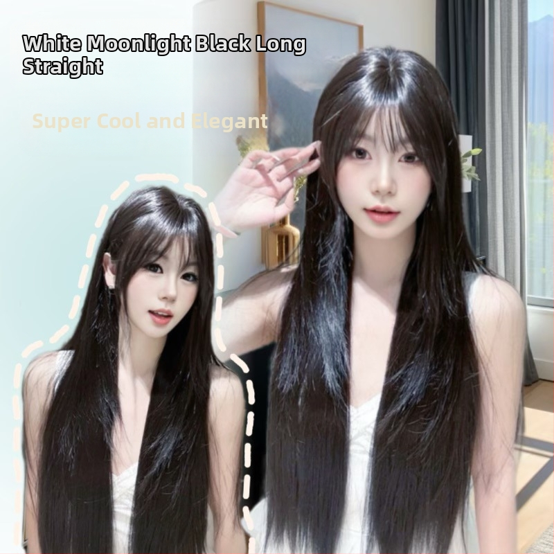 Pilna galvos padengimo peruka, aukštos temperatūros pluoštai, ilgi tiesūs plaukai su šonine kirpte, natūralus pūkuotas išvaizda kasdieniam nešiojimui