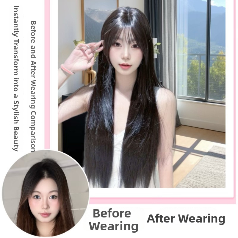 Pilna galvos padengimo peruka, aukštos temperatūros pluoštai, ilgi tiesūs plaukai su šonine kirpte, natūralus pūkuotas išvaizda kasdieniam nešiojimui