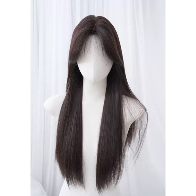 Pilna galvos padengimo peruka, aukštos temperatūros pluoštai, ilgi tiesūs plaukai su šonine kirpte, natūralus pūkuotas išvaizda kasdieniam nešiojimui