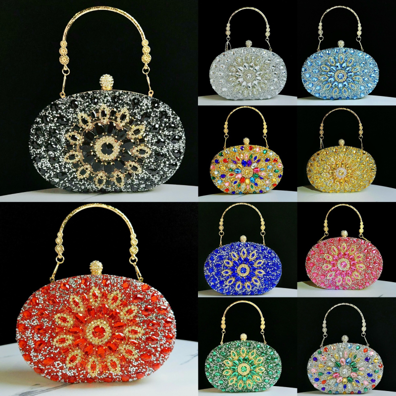 Kagyló alakú clutch rhinestone napsugár motívummal, poliészter, belső telefontartó zseb, nyitott kivitel, tavasz 2024