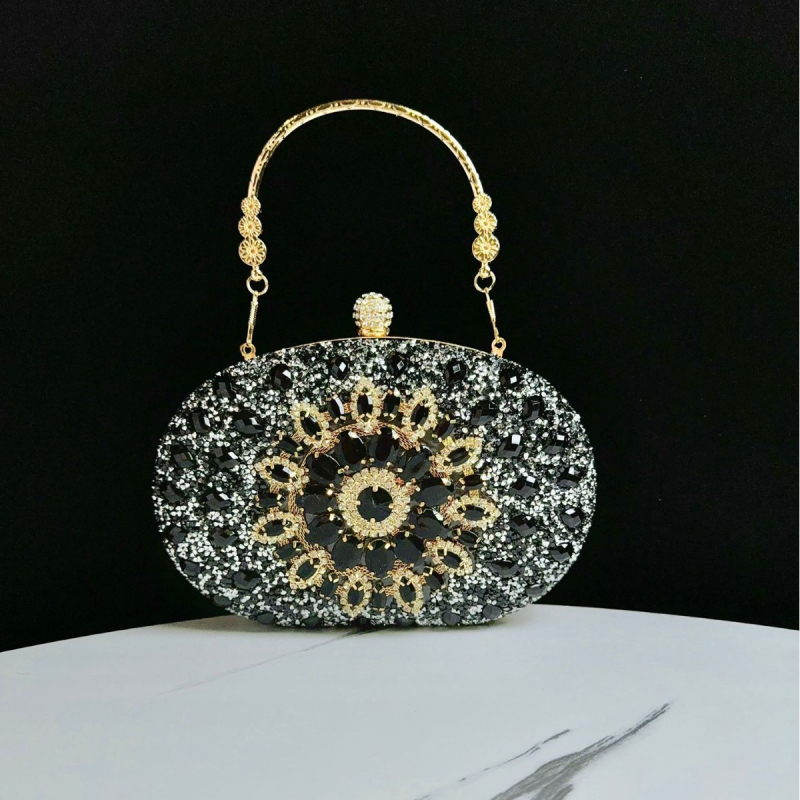 Kagyló alakú clutch rhinestone napsugár motívummal, poliészter, belső telefontartó zseb, nyitott kivitel, tavasz 2024