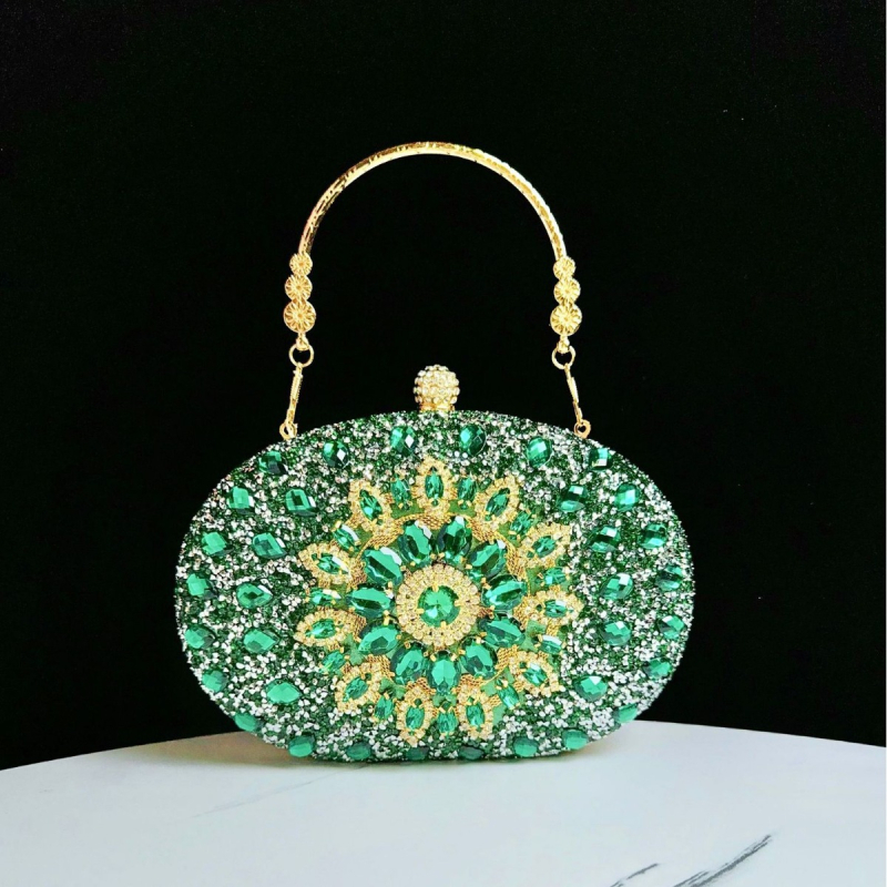 Kagyló alakú clutch rhinestone napsugár motívummal, poliészter, belső telefontartó zseb, nyitott kivitel, tavasz 2024