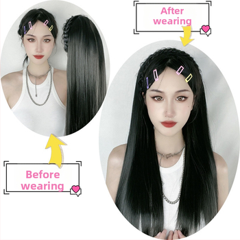 Moteriška peruka Korejos stiliaus, ilgi tiesūs plaukai, pintos pluoštai ir U formos pusgalio skrybėlė, modelis 870, aukštos temperatūros pluoštas