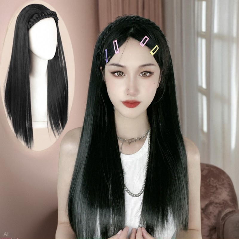 Moteriška peruka Korejos stiliaus, ilgi tiesūs plaukai, pintos pluoštai ir U formos pusgalio skrybėlė, modelis 870, aukštos temperatūros pluoštas