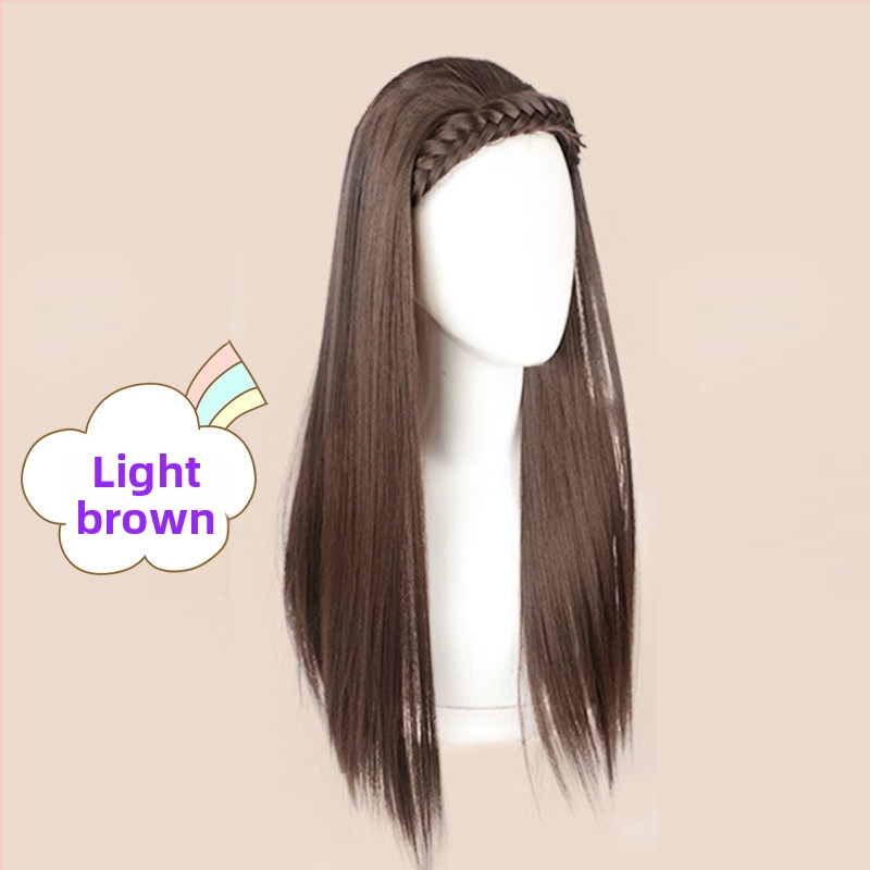 Moteriška peruka Korejos stiliaus, ilgi tiesūs plaukai, pintos pluoštai ir U formos pusgalio skrybėlė, modelis 870, aukštos temperatūros pluoštas