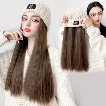 Dlhá rovná parochňa s pletenou čiapkou, kórejský štýl, úplné zakrytie hlavy, nadýchané vlasy, prirodzený vzhľad
