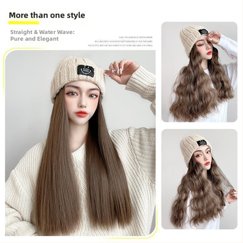 Dlhá rovná parochňa s pletenou čiapkou, kórejský štýl, úplné zakrytie hlavy, nadýchané vlasy, prirodzený vzhľad