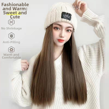 Dlhá rovná parochňa s pletenou čiapkou, kórejský štýl, úplné zakrytie hlavy, nadýchané vlasy, prirodzený vzhľad