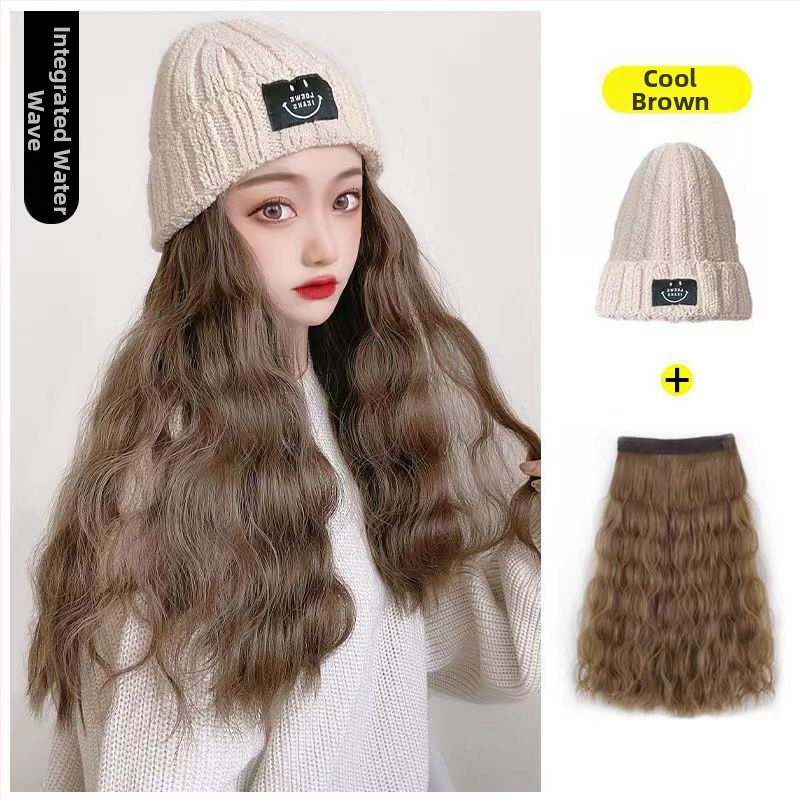Dlhá rovná parochňa s pletenou čiapkou, kórejský štýl, úplné zakrytie hlavy, nadýchané vlasy, prirodzený vzhľad
