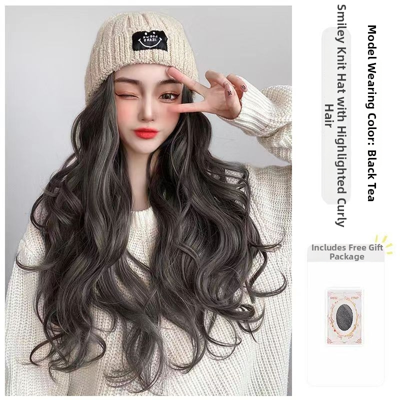 Dlhá rovná parochňa s pletenou čiapkou, kórejský štýl, úplné zakrytie hlavy, nadýchané vlasy, prirodzený vzhľad