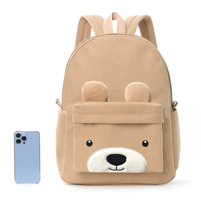 Corduroy laste seljakott lasteaeda – unisex, suur maht, loomemotiiv väike karu, polüestervooder