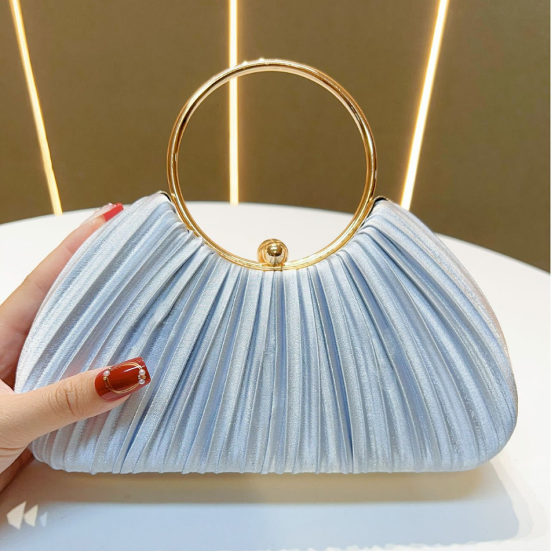 Női kézitáska pliszírozott dizájnnal, estélyi/parti táska gyűrűs fogantyúval, poliészter anyag, zseb a telefonnak és az igazolvány számára