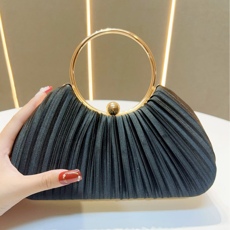 Női kézitáska pliszírozott dizájnnal, estélyi/parti táska gyűrűs fogantyúval, poliészter anyag, zseb a telefonnak és az igazolvány számára