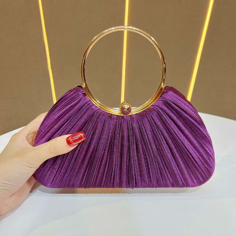 Női kézitáska pliszírozott dizájnnal, estélyi/parti táska gyűrűs fogantyúval, poliészter anyag, zseb a telefonnak és az igazolvány számára