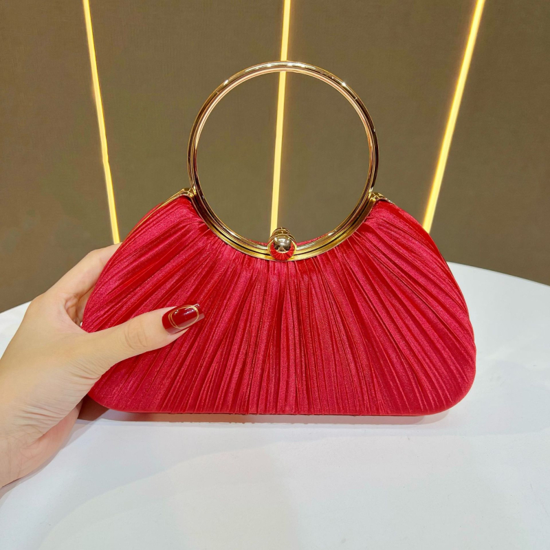 Női kézitáska pliszírozott dizájnnal, estélyi/parti táska gyűrűs fogantyúval, poliészter anyag, zseb a telefonnak és az igazolvány számára