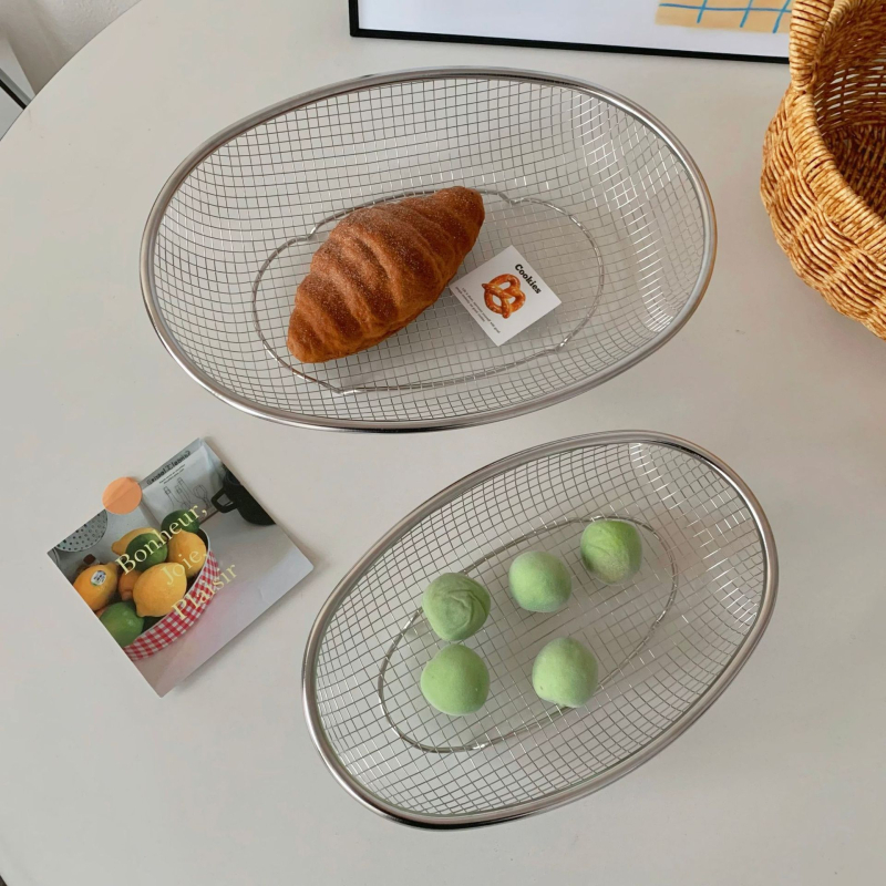Ovalni koš za pohranu od nehrđajućeg čelika za voće i povrće — moderni minimalistički stil, višenamjenski kuhinjski organizator