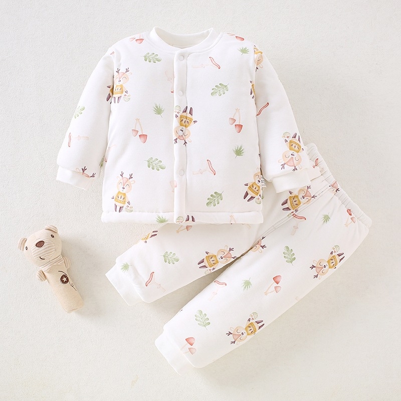 Beibeima Зимно бебешко облекло, двупартиен комплект за новородени, дебело топло полиестерно облекло, дълги ръкави, карикатурен принт
