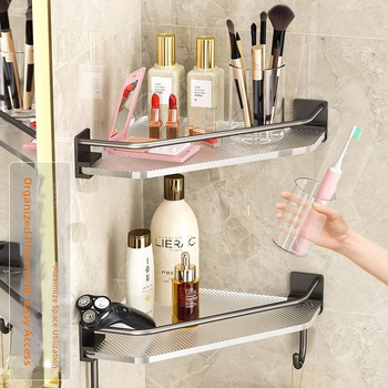 Trojuholníková rohová polica do kúpeľne, bez vŕtania, nosnosť 10 kg, materiál: plast + hliník, tvar: fanový roh, 1 polica, povrch: vstrekovanie + lakovanie