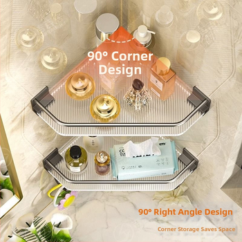 Trojuholníková rohová polica do kúpeľne, bez vŕtania, nosnosť 10 kg, materiál: plast + hliník, tvar: fanový roh, 1 polica, povrch: vstrekovanie + lakovanie