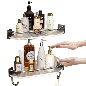 Trojuholníková rohová polica do kúpeľne, bez vŕtania, nosnosť 10 kg, materiál: plast + hliník, tvar: fanový roh, 1 polica, povrch: vstrekovanie + lakovanie