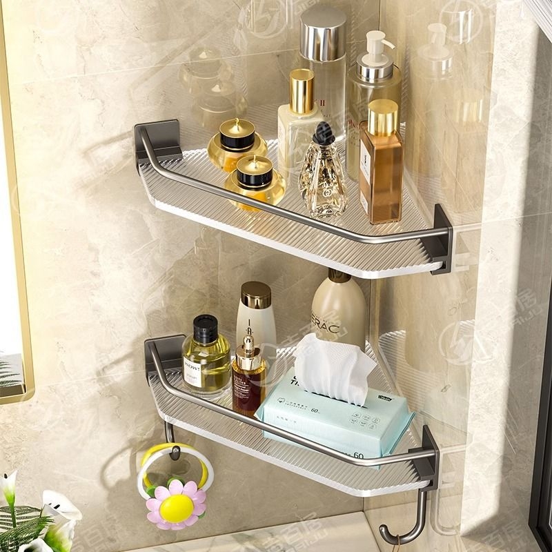 Trojuholníková rohová polica do kúpeľne, bez vŕtania, nosnosť 10 kg, materiál: plast + hliník, tvar: fanový roh, 1 polica, povrch: vstrekovanie + lakovanie