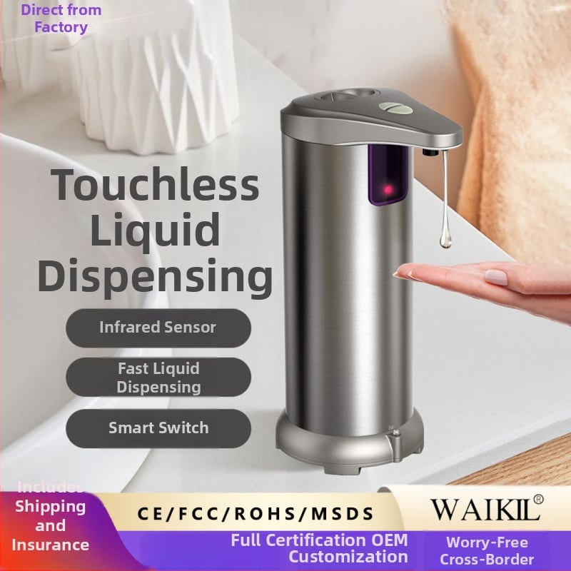 Automatinis muilo dozatorius su jutikliu, bekontaktis naudojimas, nerūdijančio plieno ir ABS korpusas, vandeniui atspari pagrindas, reguliuojamas dozės lygis