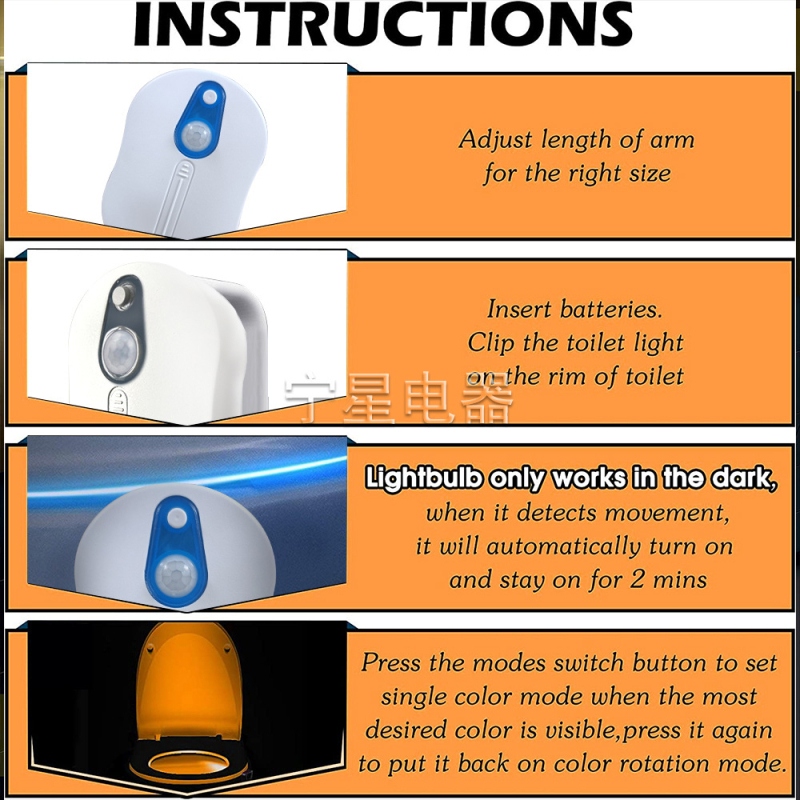 Toaleti öövalgus liikumisanduriga, sisseehitatud aku, induktiivlüliti, CE-sertifikaat, pinge ≤36V