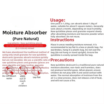 Greito kalkių desikantas maišelis vidaus drėgmei sumažinti; apsauga nuo drėgmės ir pelėsių spintose, kambariuose ir sandėliuose (maišelis, plokščia padėtis).