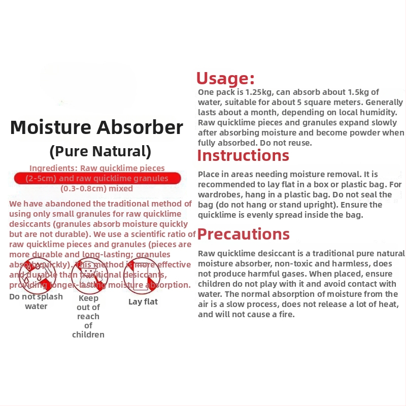 Greito kalkių desikantas maišelis vidaus drėgmei sumažinti; apsauga nuo drėgmės ir pelėsių spintose, kambariuose ir sandėliuose (maišelis, plokščia padėtis).