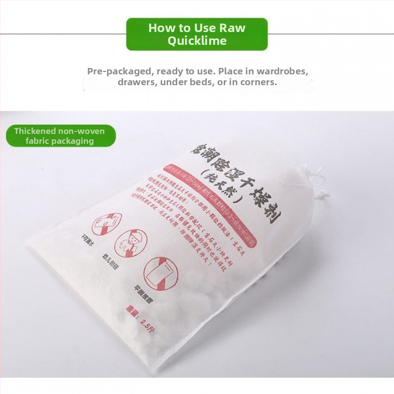 Greito kalkių desikantas maišelis vidaus drėgmei sumažinti; apsauga nuo drėgmės ir pelėsių spintose, kambariuose ir sandėliuose (maišelis, plokščia padėtis).