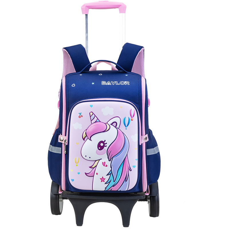 3D karikatūrų pradinės mokyklos kuprinė su ratukais, Oxford audinys, didelė talpa, vienpusiai ratukai, naštos mažinimas, naktinis matomumas