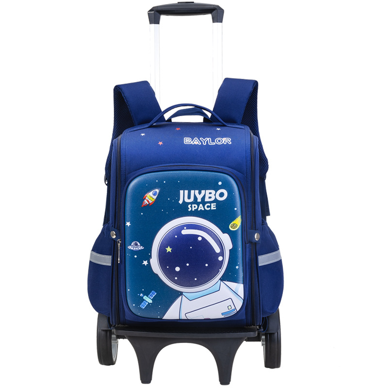 3D karikatūrų pradinės mokyklos kuprinė su ratukais, Oxford audinys, didelė talpa, vienpusiai ratukai, naštos mažinimas, naktinis matomumas