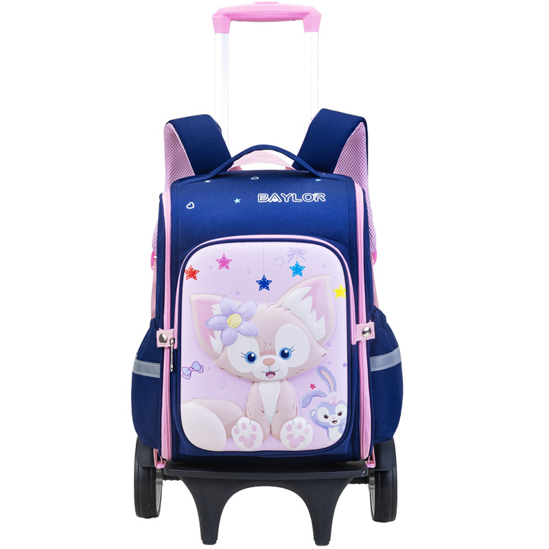 3D karikatūrų pradinės mokyklos kuprinė su ratukais, Oxford audinys, didelė talpa, vienpusiai ratukai, naštos mažinimas, naktinis matomumas