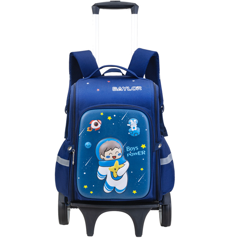 3D karikatūrų pradinės mokyklos kuprinė su ratukais, Oxford audinys, didelė talpa, vienpusiai ratukai, naštos mažinimas, naktinis matomumas