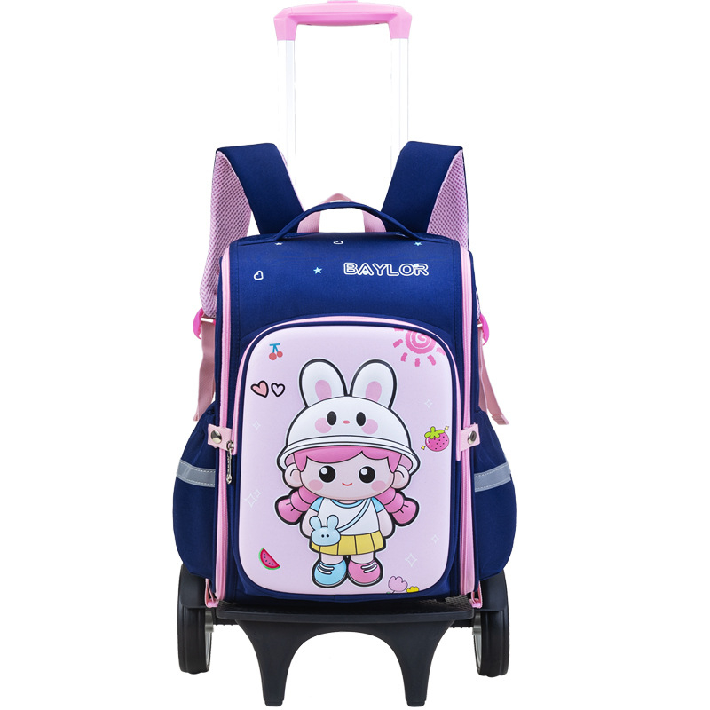 3D karikatūrų pradinės mokyklos kuprinė su ratukais, Oxford audinys, didelė talpa, vienpusiai ratukai, naštos mažinimas, naktinis matomumas